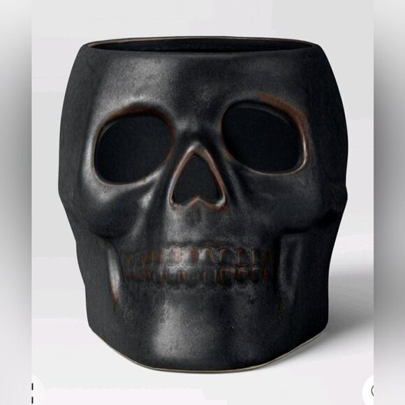 4.12"x6.12" Small Patina Pillar Ceramic Skull Candle Holder Black - Threshold - Picture 3 of 10